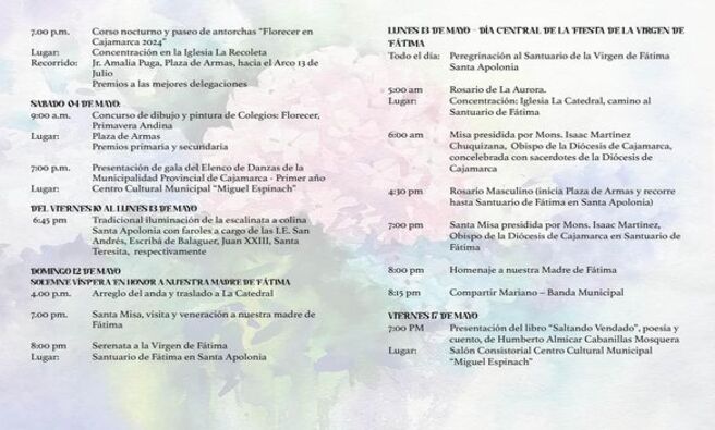 Conoce el programa oficial de la primavera andina, que se realizarรก con actividades culturales, arte y religiรณn.
Invitamos a los turistas y a la poblaciรณn cajamarquina a ยกFlorecer en Cajamarca! ๐ธ