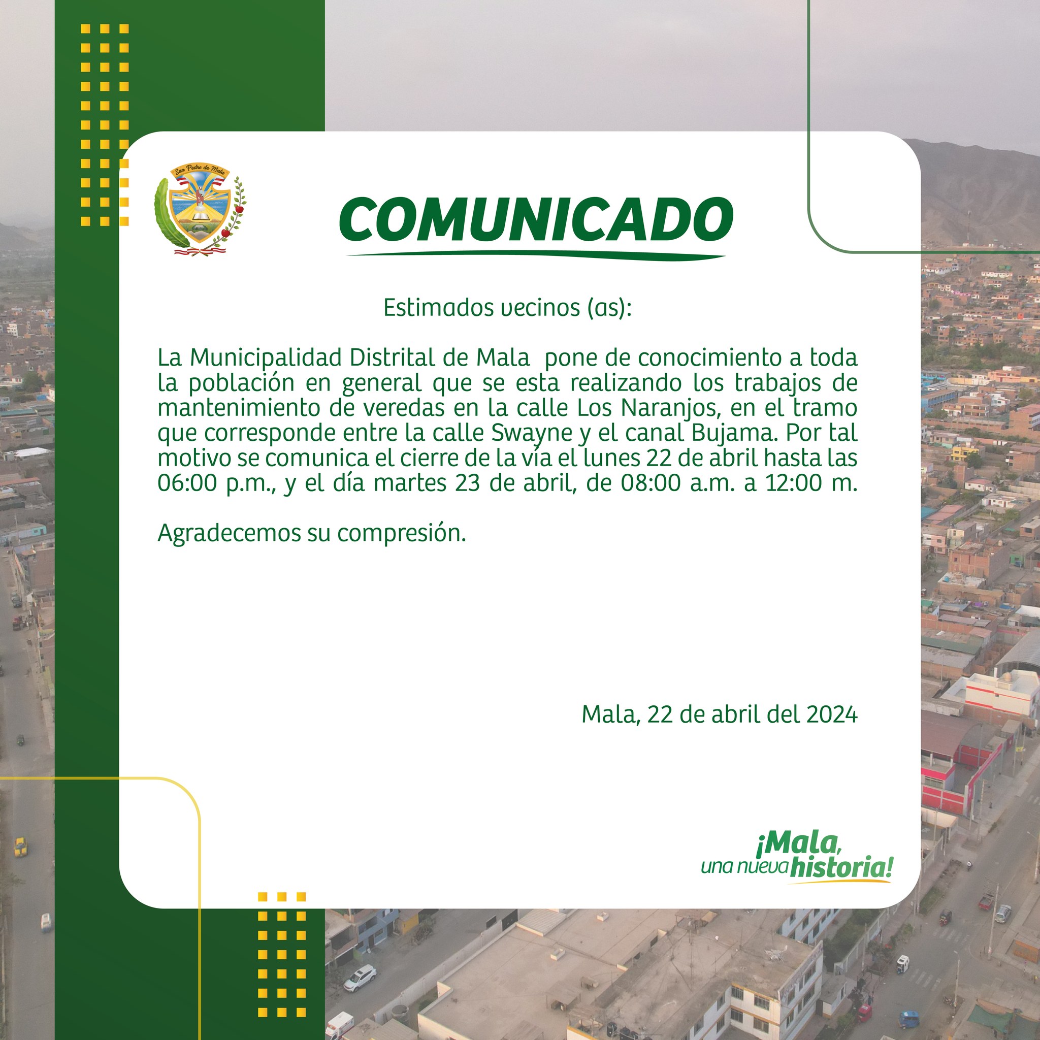 La Municipalidad Distrital de Mala Informa que se estΓ‘n realizando Trabajos de Mantenimiento de Veredas en la Calle los Naranjos