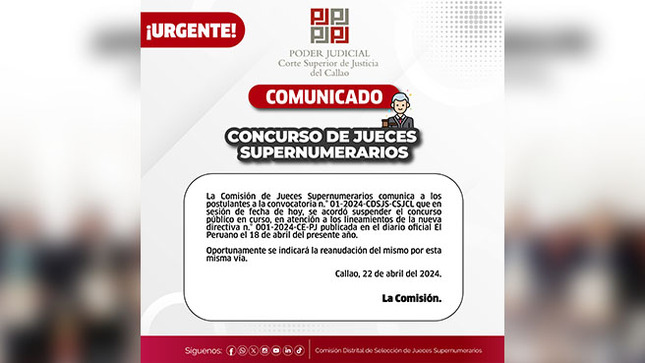 Suspensión del Concurso público abierto de Jueces Supernumerarios de la Corte Superior del Callao