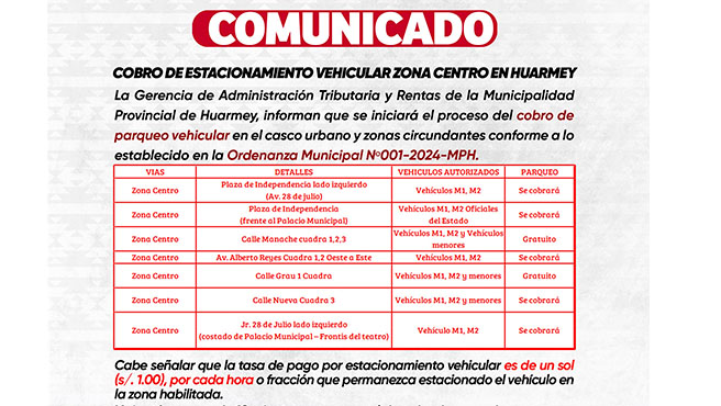 Se iniciará el proceso del cobro de parqueo vehicular en el casco urbano y zonas circundantes conforme a lo establecido en la Ordenanza Municipal Nº001-2024-MPH.