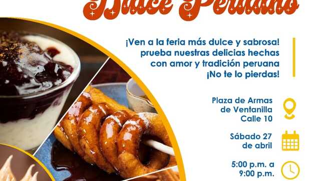 🟡 Vecino, este 27 de abril te invitamos a celebrar el Día del Dulce Peruano en la Plaza de Armas de Ventanilla. Únete a nosotros para disfrutar de los postres más emblemáticos de nuestra tradición culinaria, como el suspiro a la limeña, los picarones, el arroz con leche y la mazamorra morada.
Será un día lleno de sabor y diversión con competencias de postres, una exposición y una Masterclass. No te pierdas el festival y apoya a nuestros emprendedores locales. 🍰