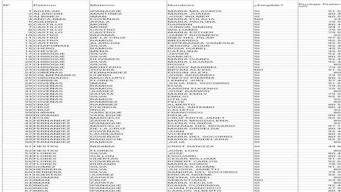 Lista de postulantes elegibles y no elegibles ficha 01 