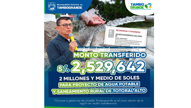 2 MILLONES Y MEDIO DE SOLES PARA PROYECTO DE AGUA POTABLE Y SANEAMIENTO RURAL DE TOTORAL ALTO