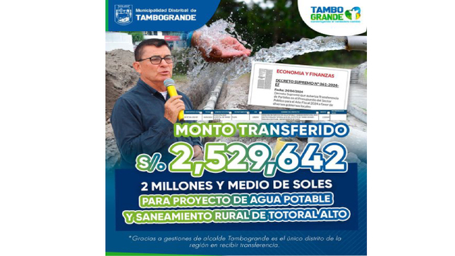 2 MILLONES Y MEDIO DE SOLES PARA PROYECTO DE AGUA POTABLE Y SANEAMIENTO RURAL DE TOTORAL ALTO