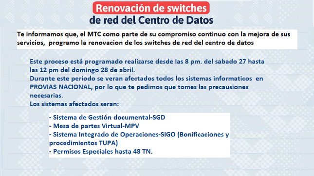 Corte del servicio de red desde el día sábado 27 de Abril desde las 8:00pm. Hasta las 12:00pm. Del día domingo 28.04.2024