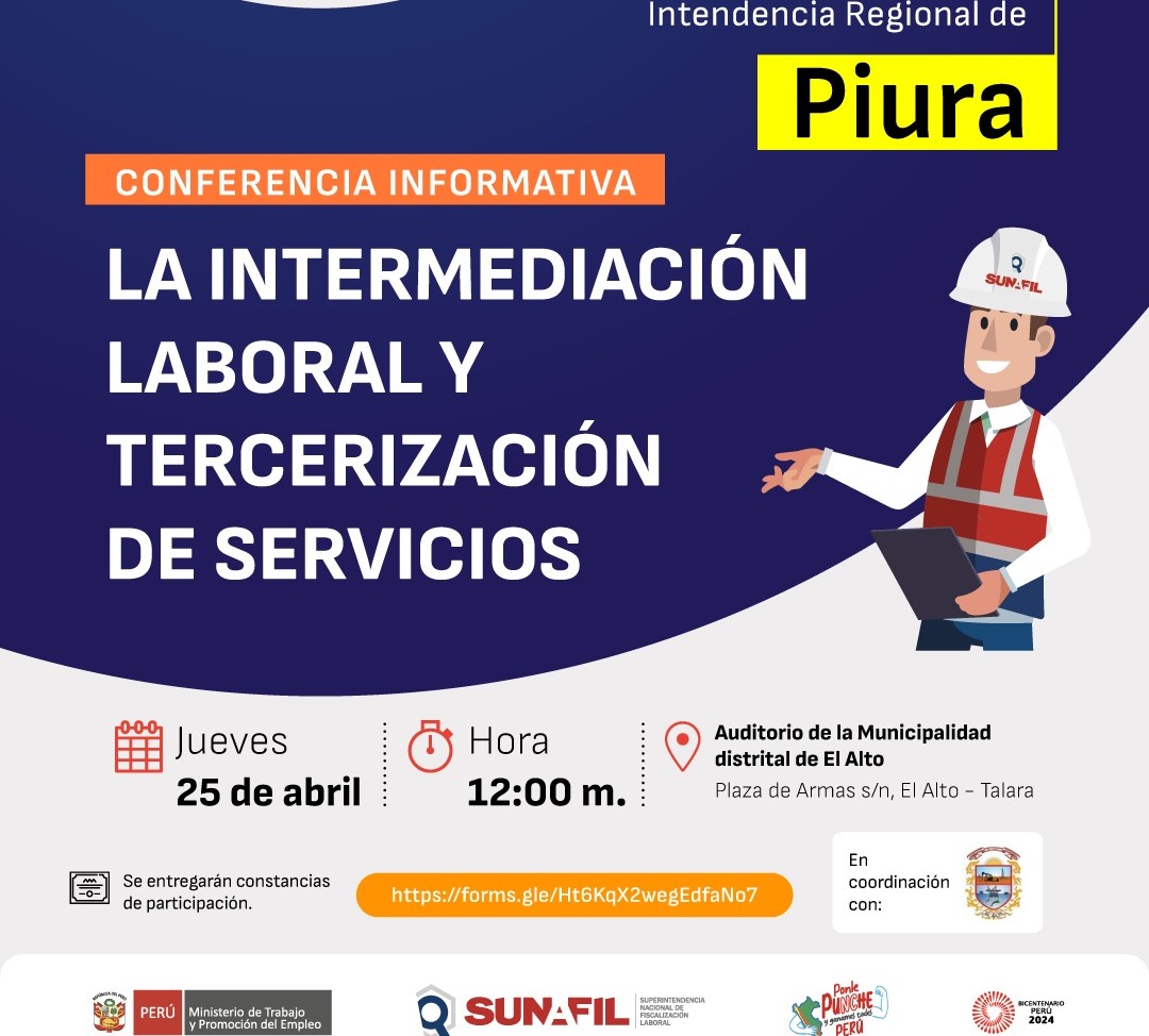 Fortaleciendo nuestro compromiso con la población de nuestro distrito, te invitamos este jueves 25 de abril a la conferencia informativa "La Intermediación laboral y tercerización de servicios", actividad que se llevará a cabo en el auditorio municipal, a partir de las 12 m. ¡Te esperamos!