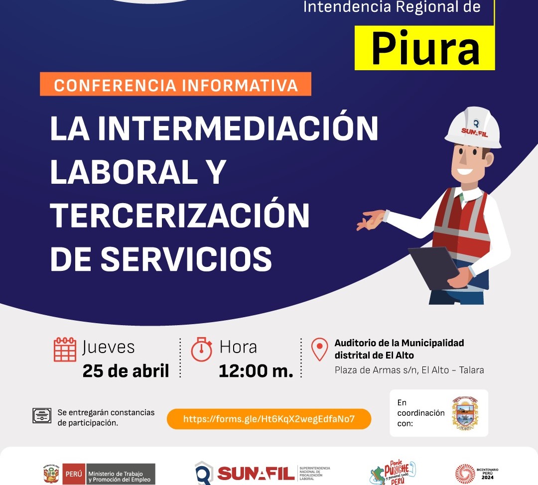 Fortaleciendo nuestro compromiso con la población de nuestro distrito, te invitamos este jueves 25 de abril a la conferencia informativa "La Intermediación laboral y tercerización de servicios", actividad que se llevará a cabo en el auditorio municipal, a partir de las 12 m. ¡Te esperamos! 