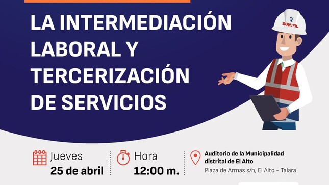 Fortaleciendo nuestro compromiso con la población de nuestro distrito, te invitamos este jueves 25 de abril a la conferencia informativa "La Intermediación laboral y tercerización de servicios", actividad que se llevará a cabo en el auditorio municipal, a partir de las 12 m. ¡Te esperamos! 