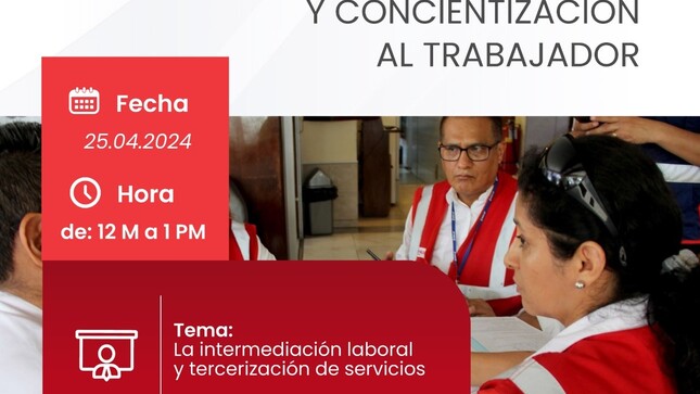 La Municipalidad Distrital de El Alto, en colaboración con SUNAFIL, ofrecerá una charla de orientación y concientización dirigida a los trabajadores que forman parte de su plan de trabajo para el presente año. 
El evento se llevará a cabo en el auditorio ubicado en el tercer nivel del edificio municipal, el día jueves 25 de abril, de 12 pm a 1 pm. 
¡Esperamos contar con su participación!