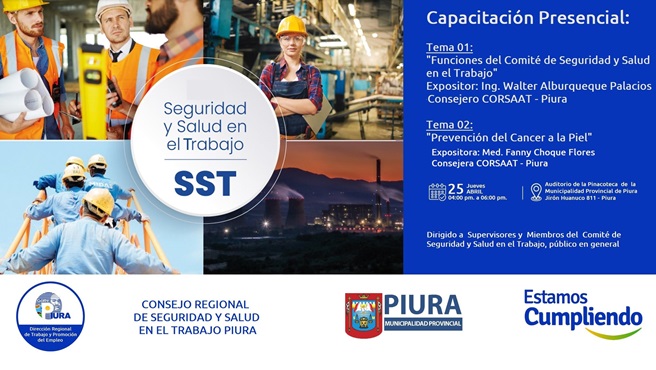 DRTPE Piura organizará una capacitación presencial en conmemoración por el Día Internacional de Seguridad y Salud en el Trabajo.