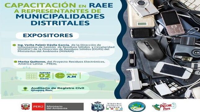 ✅La Municipalidad Provincial de Cajamarca través de la Gerencia de Desarrollo Ambiental  y el Ministerio del Ambiente - Perú  invitan a los representantes de las Municipalidades Distritales de Cajamarca, a participar de la capacitación en Residuos y Aparatos Eléctricos y Electrónicos  (RAEE)
📆 𝗝𝘂𝗲𝘃𝗲𝘀 𝟬𝟮  𝗱𝗲 𝗠𝗮𝘆𝗼 
🕣 𝟴:𝟯𝟬 𝗮.𝗺 
📌 𝗔𝘂𝗱𝗶𝘁𝗼𝗿𝗶𝗼 𝗱𝗲 𝗥𝗲𝗴𝗶𝘀𝘁𝗿𝗼 𝗖𝗶𝘃𝗶𝗹 – 𝗤𝗵𝗮𝗽𝗮𝗾 𝗡𝗮𝗻