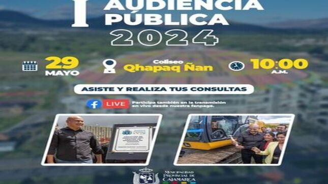 📌Invitamos a toda la colectividad cajamarquina, entidades públicas y privadas a participar de la primera audiencia pública 2024.
📄Nuestro alcalde provincial de Cajamarca Joaquin Ramírez Gamarra, expondrá los avances y logros de la gestión. 
Link de preguntas: 
https://www.gob.pe/.../cam.../62354-i-audiencia-publica-2024