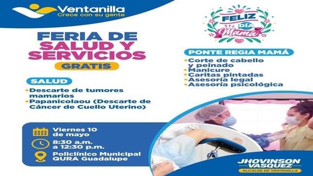  Te invitamos este viernes 10 de mayo, a la Feria de Salud y Servicios Gratuitos en el Policlínico Municipal QURA Guadalupe desde las 8:30 a.m. Gracias A nuestro alcalde 𝐉𝐡𝐨𝐯𝐢𝐧𝐬𝐨𝐧 𝐕𝐚𝐬𝐪𝐮𝐞𝐳, podrás acceder a servicios como descarte de tumores mamarios, papanicolaou, corte de cabello y peinados, manicure, y más.
¡Únete a nosotros en este día especial para celebrar la salud y el amor de mamá! 🎉💕