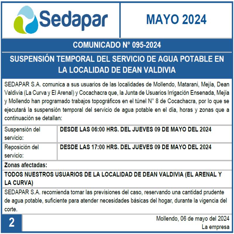 👷 Suspensión temporal del servicio de agua