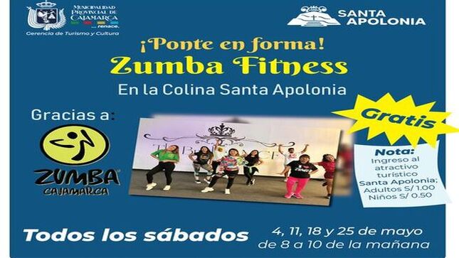 📣 ¿Quieres estar en forma y relajar el cuerpo bailando? 💪 Visita la Colina Santa Apolonia y súmate al Zumba Fitness  que nos ofrece Zumba Cajamarca este 4, 11, 18 y 25 de mayo 🎽. Solo visita el atractivo turístico Santa Apolonia desde las 8:00 a.m. y pasarás un sábado más saludable.
