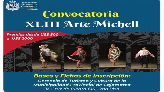 👉 Cabe mencionar que las bases y fichas de inscripción se encuentran disponibles en nuestra Gerencia de Turismo y Cultura de la Municipalidad Provincial de Cajamarca, sito en Jr. Cruz de Piedra 613 - 2do piso.
En el afán incansable de rescatar y preservar el legado que nos dejaron nuestros ancestros en el milenario arte textil, se realiza este año el XLIII Arte Michell, organizado por Michell y Cía. S.A. empresa líder en la industria alpaquera 🦙. La misma que tiene como propósito apoyar y promocionar al artista peruano de bajos recursos económicos, pero rico en talento 💪.
Este evento que ya se ha convertido en una tradición nació hace más de cuarenta y tres años como una iniciativa regional enfocada inicialmente en la técnica de acuarela, luego complementada con óleo, y hoy en día concentrada en textiles manuales en técnica libre. 
Respecto a la categoría de textiles 🧶 en técnica manual libre, la recepción de las obras se realizará desde el jueves 1 al miércoles 14 de agosto del presente año, en las instalaciones de Michell y Cía. S.A. tanto en Lima, Arequipa y Cusco.
Se premiarán a los ganadores en dos subcategorías, por creatividad y técnica. Para cada una de ellas se otorgará un primer premio de 💵 US$2,000.00 más 25Kg. de hilado y diploma, un segundo premio de US$1,000.00, más 12Kg. de hilado y diploma, y una mención honrosa de US$500.00 y diploma.
La calificación se efectuará en sesión secreta en la ciudad de Lima el jueves 5 de septiembre del 2024, y se darán a conocer los resultados el viernes 20 del mismo mes, en la siguiente dirección electrónica http://www.artemichell.com/ .
Los premios del XLIII Arte Michell, ascienden a más de US$7,000.00 dólares americanos. La premiación se realizará en la pinacoteca número tres de Mundo Alpaca, en las instalaciones de la misma empresa en la ciudad de Arequipa, durante la última semana del mes de octubre del 2024 (fecha por confirmar).