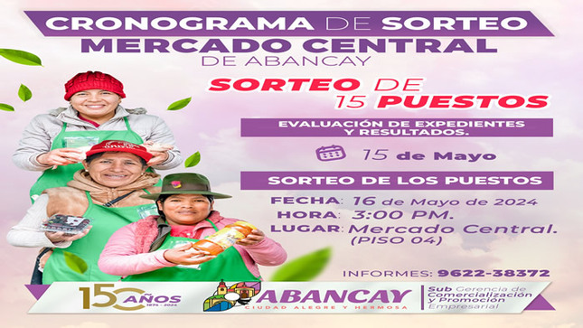  MPA: Anuncia Cronograma De Sorteo De Puestos En El Mercado Central De Abancay. 