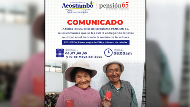 𝐂𝐎𝐌𝐔𝐍𝐈𝐂𝐀𝐃𝐎
A todos los beneficiarios de pensión 65, si aun no cuentas con tarjeta del banco de la nación, se les comunica
que se esta llevando a cabo una campaña de
tarjetización, en el banco de nación de
Izcuchaca para lo cual deben llevar su DNI.
