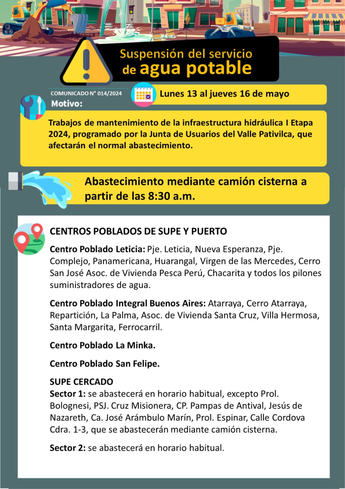 ABASTECIMIENTO MEDIANTE CAMION CISTERNA A PARTIR DE LAS 8:30 AM.