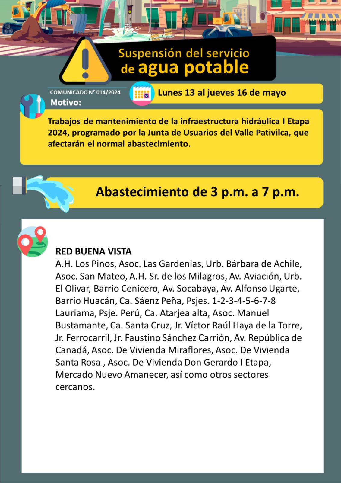 ABASTECIMIENTO DE 3 PM A 7 PM.