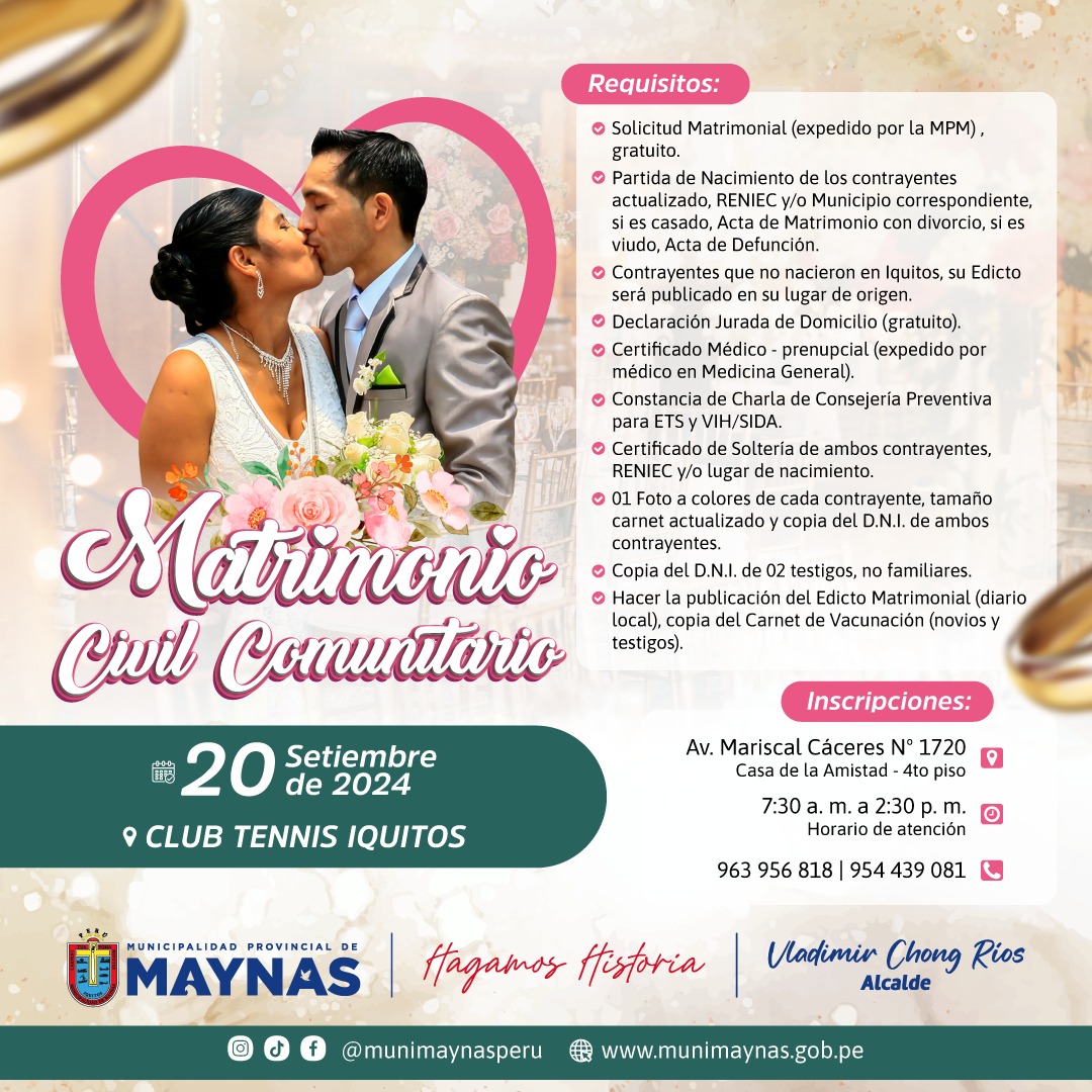 Matrimonio Civil Comunitario se realizará el 20 de septiembre