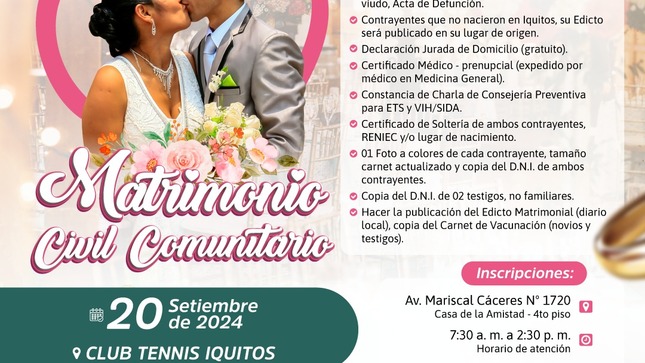 Matrimonio Civil Comunitario se realizará el 20 de septiembre 