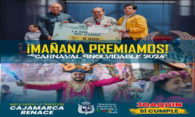 🥇🥈Mañana el alcalde provincial Joaquin Ramirez estará realizando la premiación a todos los ganadores del "Carnaval Inolvidable 2024. Te esperamos en las instalaciones del coliseo Qhapaq Ñan desde las 11 de la mañana.