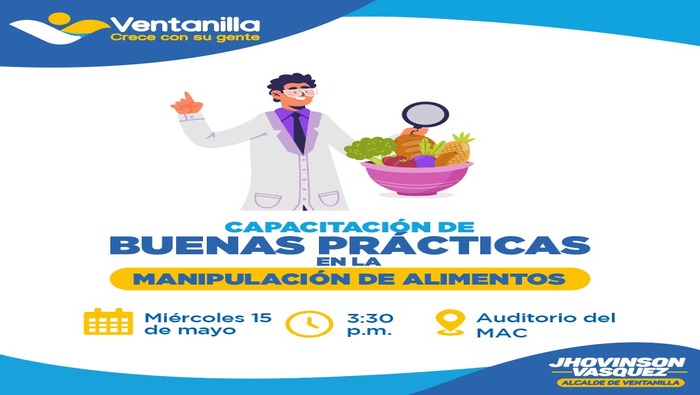 🟡 Con la finalidad de garantizar la inocuidad alimentaria en los negocios gastronómicos del distrito, y bajo las directrices de nuestro alcalde 𝐉𝐡𝐨𝐯𝐢𝐧𝐬𝐨𝐧 𝐕𝐚𝐬𝐪𝐮𝐞𝐳, ofrecemos una capacitación en ‘buenas prácticas en manipulación de alimentos’, que busca promover el aprendizaje de propietarios y trabajadores en el manejo, almacenamiento y conservación de productos alimentarios en óptimas condiciones sanitarias. Acude este 15 de mayo, en el auditorio del MAC, a las 3:30 p.m. ¡Te esperamos!