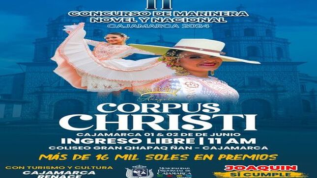 🥰Ven y disfruta del talento novel y nacional en este concurso de marinera por Corpus Christi . 
¡Te esperamos! ¡Ingreso Libre!
🗣Información: 983 215 283 
✍️Inscripciones: 941 071 171