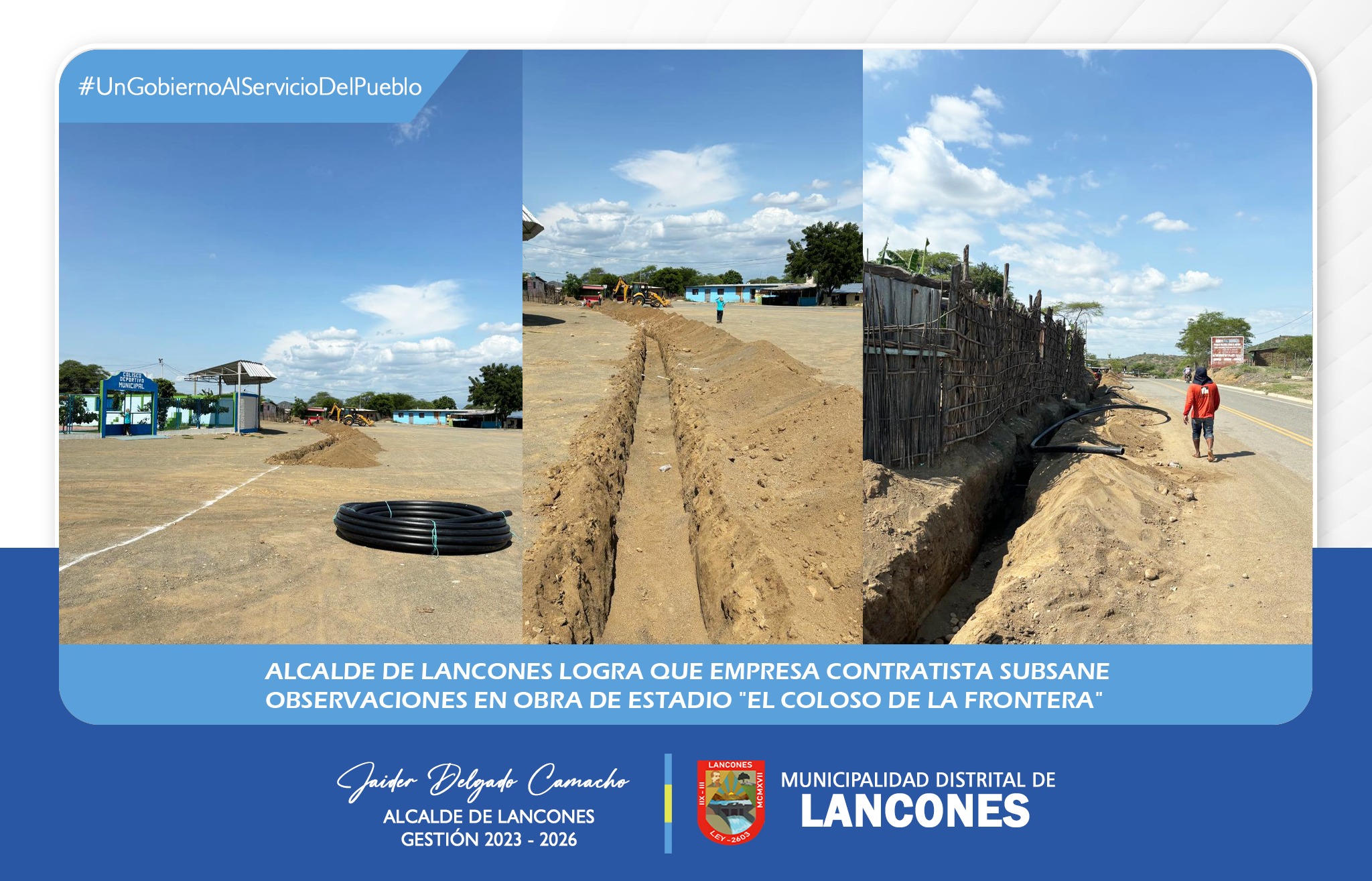 Alcalde de lancones logra que empresa contratista subsane una de las observaciones principales en obra de estadio "El Coloso de la Frontera"
