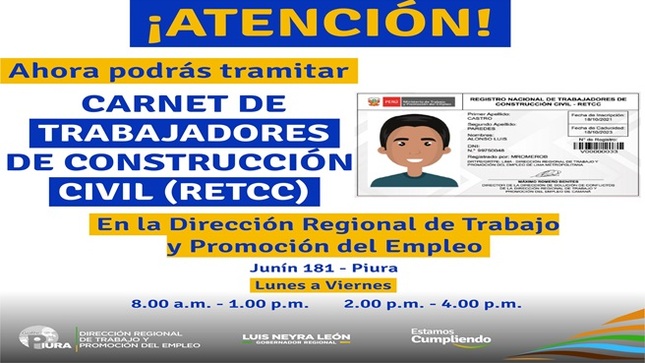 En la Oficina de la DRTPE ya puedes tramitar tu Registro Nacional de Trabajadores de Construcción Civil (RETCC).