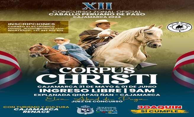 🏆Este 31 de mayo y 1 de junio participa del Concurso Zonal Oficial Caballo Peruano de Paso - Cajamarca 2024 que se realizará en la explanada del Qhapaq Ñan desde las 9:00 a. m. 🐎🐴