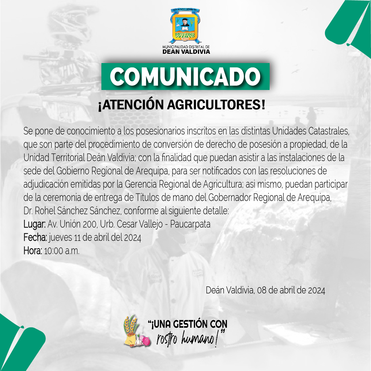 Entrega de resoluciones de adjudicación por parte de la Gerencia de Agricultura