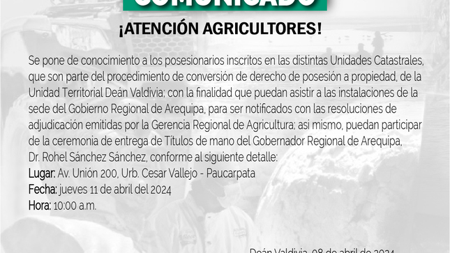 Entrega de resoluciones de adjudicación por parte de la Gerencia de Agricultura