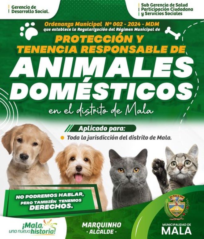 Ordenanza Municipal que Regula la Protección y Tenencia Responsable de Animales Domésticos en el Distrito de Mala