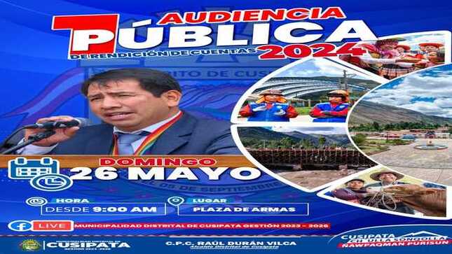 Audiencia Publica de Rendición de Cuentas de la Municipalidad Distrital de Cusipata 2024, Domingo 26 de Mayo