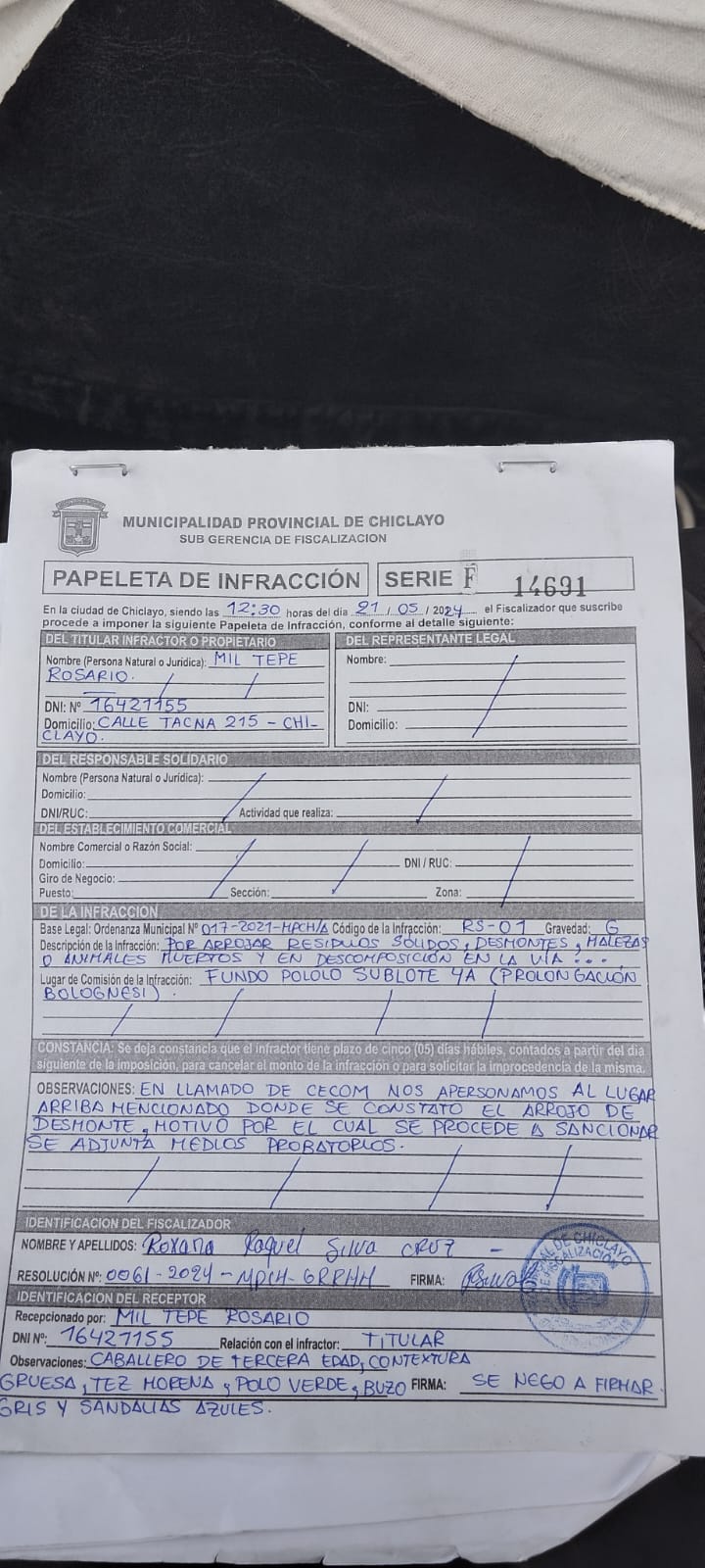 PAPELETA DE INFRACCIÓN...