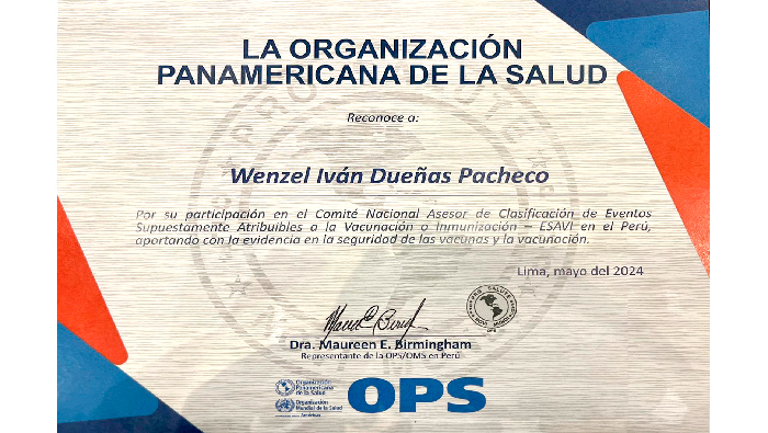 Reconocimiento -OPS- al MC. Wenzel Iván Dueñas Pacheco