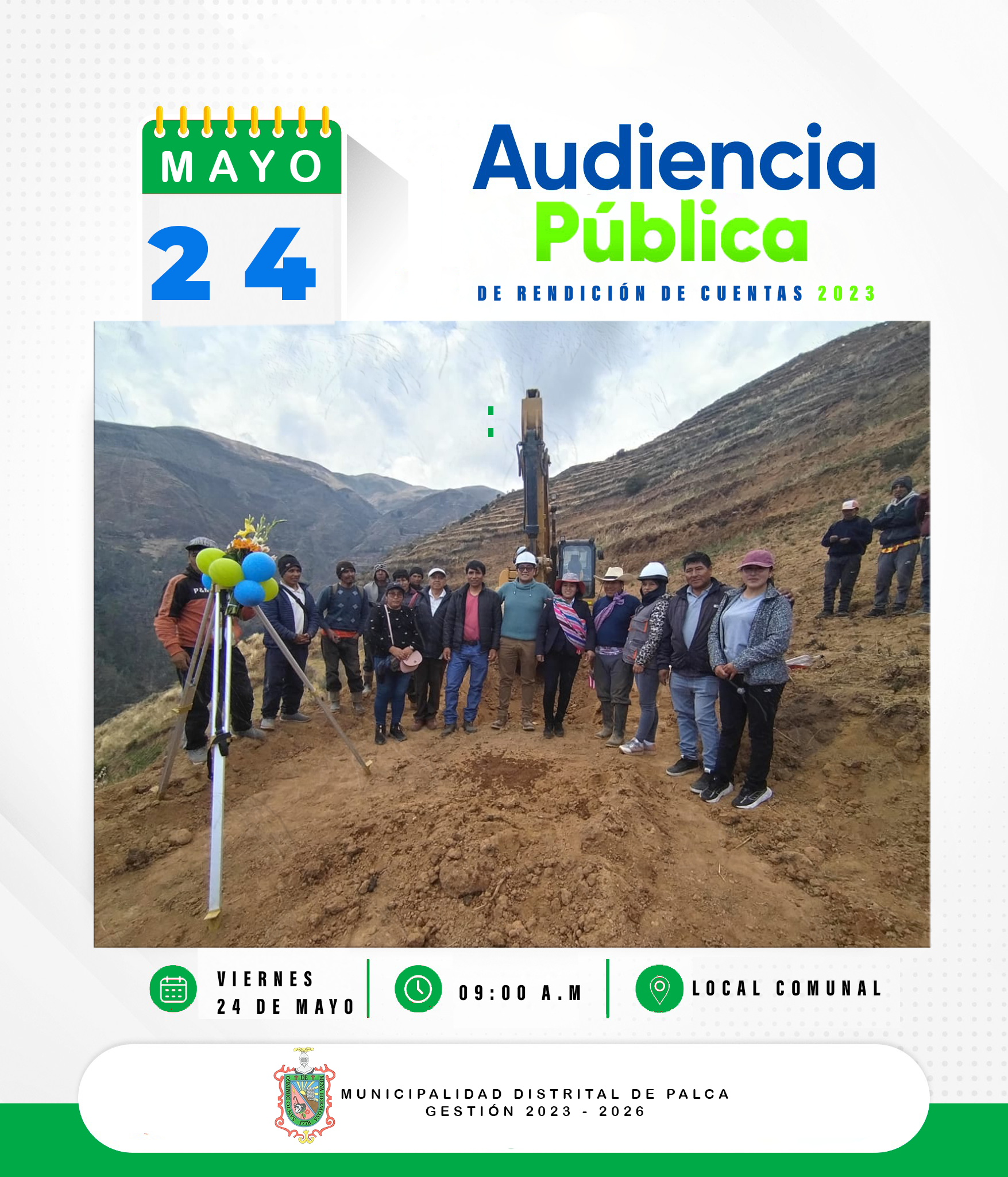 DE ACUERDO A LA ORDENANZA MUNICIPAL Nº 004-2024, LA MUNICIPALIDAD DISTRITAL DE PALCA INVITA A LA POBLACIÓN EN GENERAL A PARTICIPAR DE LA AUDIENCIA PÚBLICA – RENDICIÓN DE CUENTAS DEL EJERCICIO PRESUPUESTAL 2023, A REALIZARSE EL DÍA VIERNES 24 DEL PRESENTE A HORAS 9:00 A.M. EN EL LOCAL COMUNAL DEL DISTRITO DE PALCA, EN DICHA REUNION SE INFORMARÁ PORMENORIZADAMENTE LAS GESTIONES, ACTIVIDADES Y PROYECTOS DESARROLLADOS POR LA GESTIÓN MUNICIPAL.
