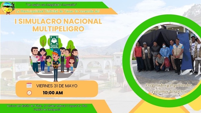I Simulacro Multipeligro, a realizarse el 31 de mayo del 2024 a las 10:00 am