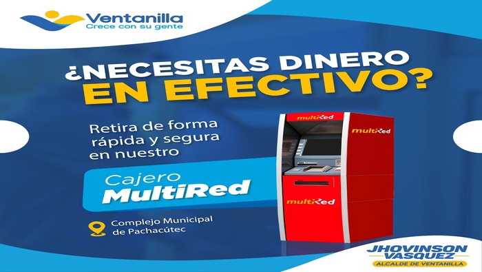  Una buena noticia para nuestros vecinos. El Banco de la Nación ya cuenta con cajero Multired en el “Complejo Municipal de Pachacútec” que permitirá realizar operaciones los siete días a la semana de una forma rápida y segura. ¡Ventanilla crece con su gente!