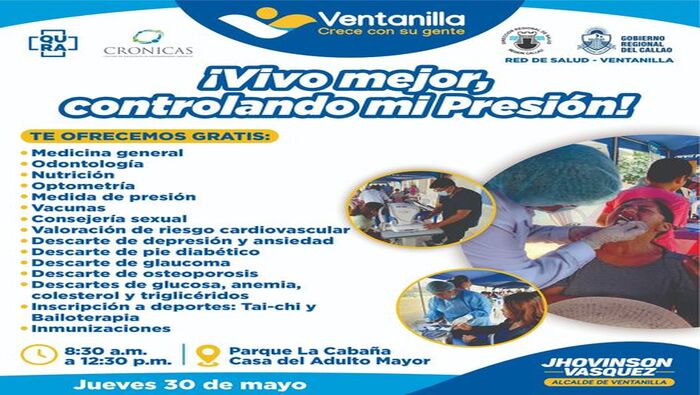 ¡Atención vecinos de Ventanilla! Este jueves 30 de mayo, los esperamos en el Parque La Cabaña desde las 8:30 a.m. para nuestra campaña de salud gratuita. Gracias a nuestro alcalde 𝐉𝐡𝐨𝐯𝐢𝐧𝐬𝐨𝐧 𝐕𝐚𝐬𝐪𝐮𝐞𝐳 encontrarás consultas médicas en diferentes especialidades a cargo de profesionales comprometidos con tu bienestar. ¡No faltes!