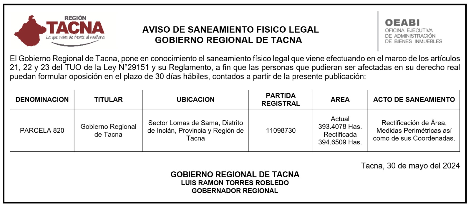 Aviso de Saneamiento Físico Legal