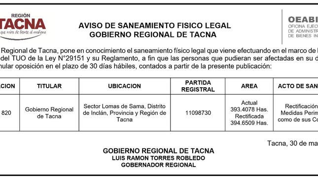 Aviso de Saneamiento Físico Legal