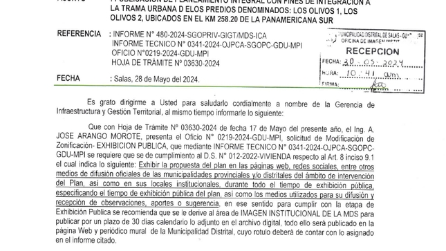 PUBLICACIÓN DE PLANEAMIENTO INTEGRAL CON FINES DE INTEGRACIÓN A LA TRAMA URBANA DE LOS PREDIOS DENOMINADOS LOS OLIVOS 1, LOS OLIVOS 2 UBICADOS EN EL KM 258.20 DE LA PANAMERICANA SUR .