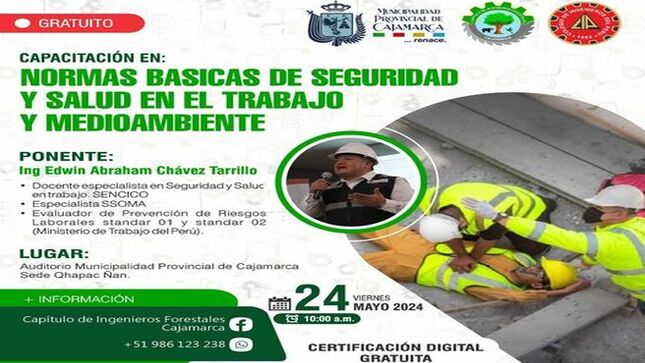 Como parte del cumplimiento del Plan de Salud y Seguridad en el Trabajo, este 24 de mayo se realizará una capacitación en Normas básicas de Seguridad y Salud en el Trabajo y Medio ambiente , la misma que estará dirigida a servidores Públicos de la Gerencia de Desarrollo Ambiental de la Municipalidad Provincial de Cajamarca. 