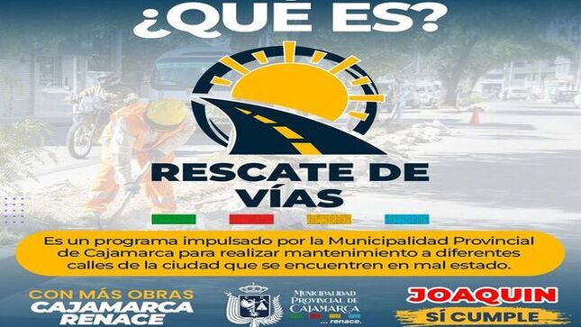✅conoce aquí un poco más sobre el programa ' RESCATE DE VÍAS' que viene impulsando la actual gestión municipal liderada por el alcalde provincial Joaquin Ramírez Gamarra 
Aquí conocerás el primer grupo de calles que tendrán un mantenimiento para mejorar la transitabilidad: https://www.facebook.com/municipalidadcajamarca/posts/pfbid0SFKrmHogiiiD8WJLY8fnoeY3yztcDBEJcaTHhwMHLG83UFgmvDFNnQx1o87dAERJl