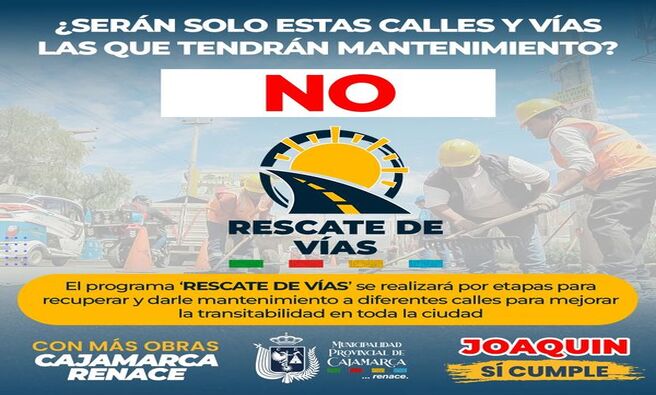 ✅conoce aquí un poco más sobre el programa ' RESCATE DE VÍAS' que viene impulsando la actual gestión municipal liderada por el alcalde provincial Joaquin Ramírez Gamarra
Aquí conocerás el primer grupo de calles que tendrán un mantenimiento para mejorar la transitabilidad: https://www.facebook.com/municipalidadcajamarca/posts/pfbid0SFKrmHogiiiD8WJLY8fnoeY3yztcDBEJcaTHhwMHLG83UFgmvDFNnQx1o87dAERJl
