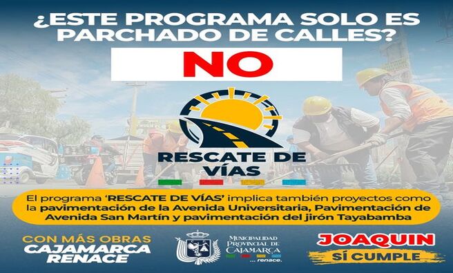 ✅conoce aquí un poco más sobre el programa ' RESCATE DE VÍAS' que viene impulsando la actual gestión municipal liderada por el alcalde provincial Joaquin Ramírez Gamarra
Aquí conocerás el primer grupo de calles que tendrán un mantenimiento para mejorar la transitabilidad: https://www.facebook.com/municipalidadcajamarca/posts/pfbid0SFKrmHogiiiD8WJLY8fnoeY3yztcDBEJcaTHhwMHLG83UFgmvDFNnQx1o87dAERJl