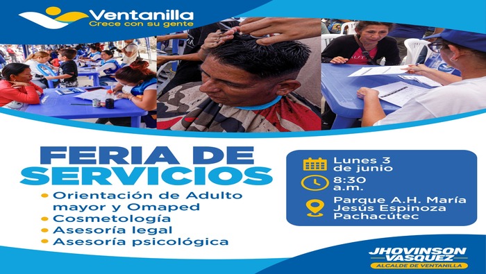 Vecino, este lunes 3 de junio, te invitamos a una Feria de Servicios Gratuitos en el Parque A.H María Jesús Espinoza de Pachacútec desde las 8:30 a.m. Gracias a nuestro alcalde 𝐉𝐡𝐨𝐯𝐢𝐧𝐬𝐨𝐧 𝐕𝐚𝐬𝐪𝐮𝐞𝐳, podrás acceder a servicios como asesoría legal, asesoría psicológica, cosmetología y más.